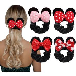 lot 20031 image: 4 Pack Mouse Ears Scrunchies Polka Dot Bows Mouse Bows Hair Scrunchies Hair Ties Elastic Rubber Bands Ponytail Holders for Kids Women Girls (3 ONLY)