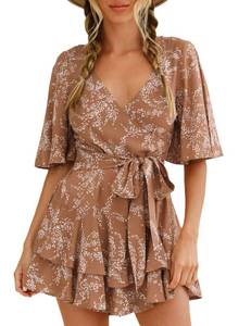 lot 20032 image: AIMCOO Womens Summer Short Flared Sleeve Romper V Neck Floral Print Jumpsuit Waist Tie Layer Ruffle Hem Dress Look Rompers Medium