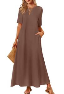lot 20034 image: MEROKEETY Summer Casual Maxi Dresses for Women 2026 Vacation Crew Neck Short Sleeve Modest Long T Shirt Dress with Pockets, Coffee, Medium