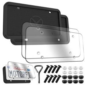 lot 20072 image: Motorfi 2 Pcs Silicone License Plate Frames with 2 Clear Polycarbonate Covers, Rust-Proof, Weather Resistant, Easy Installation, Premium License Plate Protector, Covers & Frames with 2 Drainage Holes (Open Box, Pieces May Be Missing)