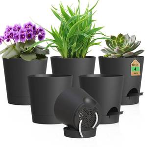 lot 20103 image: WSMKSZ 4 inch Self Watering Pots for Indoor Outdoor Plants, 6 Pack Plastic Flower Planters with Drainage Holes and Removable Saucers, Plant Pots with Wicking Rope, Modern Decor, Black