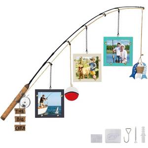 lot 20124 image: Wooden Fishing Pole Picture Frame Wall Decor with Three 4x4 Picture Frames,Real Fishing Rod Design,Fishing Gifts for Men,Hanging Fishing Decoration for Cabin,Lake House,Boys Room,Fishing Lovers,Fisherman,Mothers Day