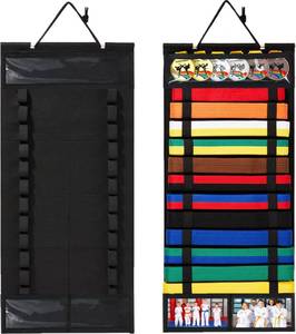 lot 20149 image: OXWIND Karate Belt Display Rack - 12 Felt Martial Arts Belt Display Holder with 2 Picture Frames & Clear Medal Box, No Assembly Required, for Taekwondo, BJJ, Jiu Jitsu, Karate Belts (Black)