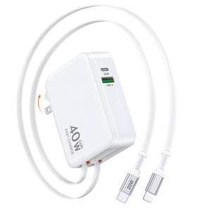 lot 20157 image: Retractable USB Charger Wall Plug with Type C Cables Cords,40W Fast Charging Foldable Block Multi Charger,4-in-1 Travel Essentials Brick Multiport for iPhone 171615141312,iPad,Galaxy,LG,Pixel