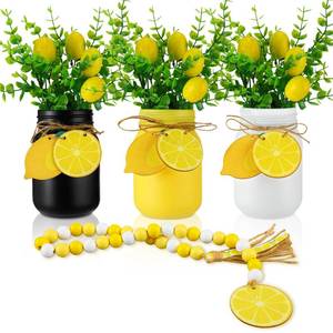 lot 1841 image: Skylety 3 Pcs Lemon Decorations for Home Lemon Kitchen Decor and Accessories Summer Farmhouse Mason Jar Table Centerpieces with Fake Plants Wooden Lemons Garland Bead Twine for Tiered Tray Home Decor