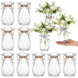 lot 1851 image: Bokon Set of  Small Plastic Bud Vases in Bulk with Gift Wrapping Ribbon, Vases for Flower, Wedding Centerpieces for Home Decor, Living Room, Office Decoration, Housewarming Party Gift (Clear)