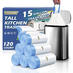 lot 1853 image: T.FORING 15 Gallon Trash Compactor Bags with Drawstring - 120 Count Heavy Duty 1.7 Mil Garbage Bags 56 Liter Tall Kitchen Bin Liners Unscented White for Home Yard Lawn