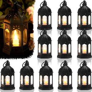 lot 1860 image: Cunhill 12 Pieces Mini Lanterns with Flickering LED Candle Vintage Decorative Hanging Candle Lanterns for Ramadan Wedding Decorations Party Table Centerpiece, Battery Included(Gold)