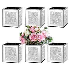 lot 1861 image: blingworld Set of 6 Bling Mirrored Square Glass Vases, 4 x 4 x 4 inches, Silver Flower Vases for Centerpieces Cube Vase Candle Holder for Wedding, Party, Home Office Decoration