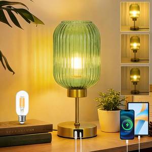 lot 1888 image: LAMSU Vintage Gold Touch Table Lamp, Small Desk Lamp with Amber Glass Shade, Bulb, Charging Port, Mid Century Modern Bedside Lamp, 3 Way Dimmable Nightstand Lamp for Bedroom Living Room Home Office