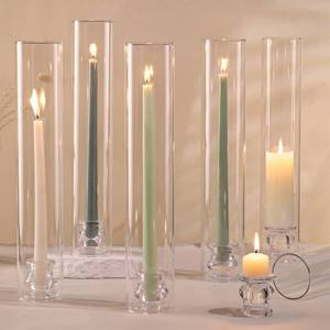 lot 1896 image: Volens Hurricane Glass Candle Holders - Set of 6 Candlestick Holders for Taper Candles with Windproof Cylinder Covers 14 Tall Clear Glass Chimney Cover for Wedding Table Centerpiece Home Decor