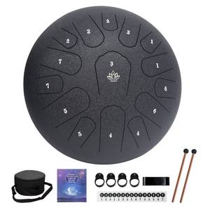 lot 1899 image: Rain Drum for Outside Garden,Steel Tongue Drum 12 Inches 15 Notes Musical Instruments, Handpan Drum Percussion Instrument, with Soft Bag, Music Book, 2 Mallets, for Meditation or Yoga (Black)