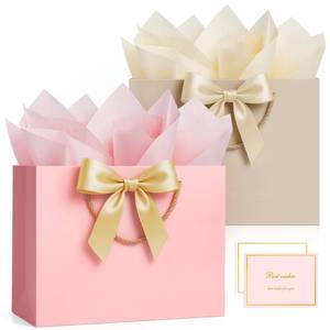 lot 2040 image: ANZNKU 2PCS Gift Bags for Women Pink & Beige, Medium Gift Bags with Handles 4 Tissue Paper 2 Ribbons 2 Cards for Her Wedding Graduation Birthday Engagement Bridal Baby Shower Party Favors Presents
