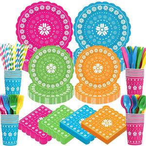 lot 2050 image: Widecook 450 Pcs Fiesta Tableware Set Decorations Mexican Party Paper Plates Colorful Papel Picado Disposable Napkins Cups Cutlery Straws for Cinco De Mayo Taco Carnival Birthday Supplies, Serves 50