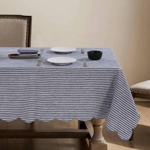 lot 2055 image: AORISSI 100% French Flax Linen Tablecloths Scalloped Embroidery Rectangle 84Lx60W Inch for Dinners, Parties, Spring, Machine Washable, 6-8 Sets, Blue Stripe(Edges-Blue)