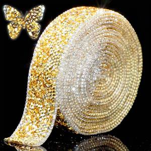 lot 2063 image: Locacrystal Bling Rhinestones Ribbon Self-Adhesive Iron on Resin Diamond Crystal Ribbon Wrap Roll DIY Rhinestone Stickers for Wedding Clothing Cars Crafts Dress Decoration(GoldWhite,1.18inch 3yard)