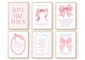 lot 2079 image: 3 Piece Pink Bows Wall Art for Girls Room, Bible Verse Pictures Bathroom Decor, Coquette Posters Prints, Cute Teen Room Decoration, Dorm Decor for College, College Gifts for Girls 8x10 Inch