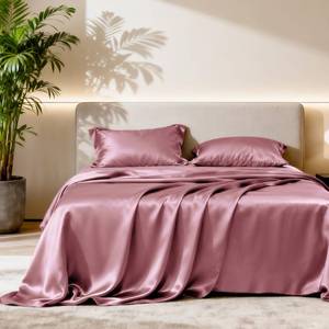 lot 2081 image: Loves cabin Satin Queen Sheets Set - 4 Piece Rose Taupe Silky Bed Sheets Set with Deep Pocket, Luxury Silk Feel Satin Queen Size Sheet Set (1 Flat Sheet,1 Fitted Sheet,2 Pillow Cases)