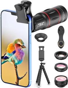 lot 2087 image: APEXEL 4 in 1 Phone Photography Kit, 18X Telephoto Lens, 198° Fisheye Lens, 15X Macro Lens, 0.63X Wide Angle Lens, Set with Flexible Phone Tripod, for iPhone Samsung Pixel