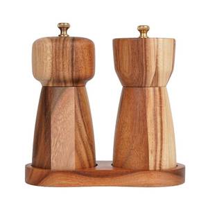 lot 2143 image: DeroTeno Salt and Pepper Grinder Set with Tray, Adjustable Ceramic Grinder Salt Mill, Stainless Steel Grinder Pepper Mill, Acacia Wood, 5 inch 14cm Height, Bottom Dia 2.36inch6cm (Tray is Included)