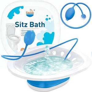 lot 2144 image: Pochik Sitz Bath for Toilet Seat Hemorrhoids and Postpartum Care, Yoni Steam Seat, Perineal Soaking, Collapsible, Flusher Hose, Drain Holes, Wider Seating Area - Blue