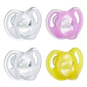 lot 2161 image: Tommee Tippee Ultra-Light Silicone Pacifier, 6-18 Months, Symmetrical One-Piece Design, BPA-Free Silicone Binkies, ClearPinkYellow, Pack of 4