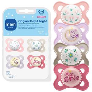 lot 2163 image: MAM Original Baby Pacifiers 0-6 Months, Binky for Newborn Babies, BPA-Free Skin Soft Silicone Nipple, Glows in The Dark, Developed with Medical Experts, 4 Pack, Made in Europe