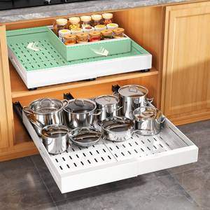 lot 3494 image: 2 Pack Pull out Cabinet Organizer, Expandable Width(14-24), Depth(13-24) with 3 Rails, Slide Out Drawers With Raising Pad for Framed Cabinets, with Adhesive Film for Cabinets in Kitchen, White