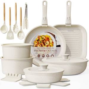 lot 3495 image: Astercook 23 Pcs Pots and Pans Set Non Stick, Ceramic Cookware Set Detachable Handle, RV Kitchen Cooking Set Removable Handles, Oven Safe, Induction Ready, Stackable, Cream White, Mothers Day Gifts