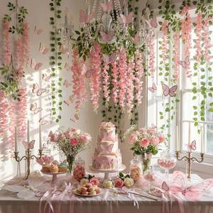 lot 3497 image: Canlierr 58 Pcs Fairy Party Garland Decoration Artificial Wisteria Hanging Flowers Garland 3.6 Feet Vine Rattan Ivy Greenery Butterfly Decor for Spring Home Garden Wedding Party(Pink)