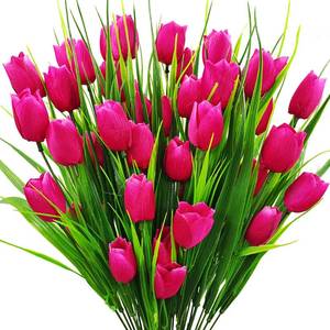 lot 3505 image: Guagb 8 Bundles Outdoor Artificial Tulips Fake Flowers UV Resistant Faux Plastic Greenery Shrubs Plants for Home Outside Garden Porch Window Farmhouse Decor (Rose Red)