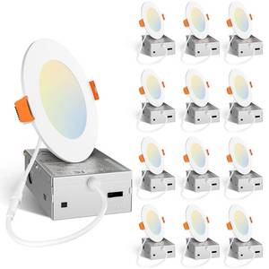 lot 3514 image: Amico 12 Pack 4 Inch 5CCT Ultra-Thin LED Recessed Dimmable CanCeiling Light with Junction Box, 2700K3000K3500K4000K5000K Selectable, 11W Eqv 70W, 800LM High Brightness Wafer Downlight - ETL&FCC