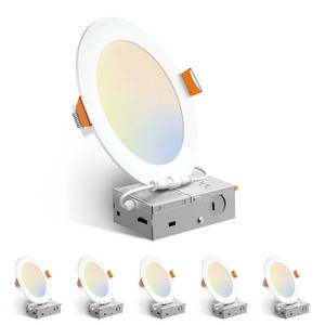 lot 3542 image: Amico 6 Pack 6 Inch 5CCT Ultra-Thin LED Recessed Ceiling Light with Junction Box, 2700K3000K3500K4000K5000K Selectable, 12W Eqv 110W 1050LM Brightness Dimmable Canless Wafer Downlight, ETL & FCC