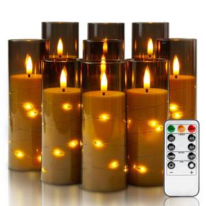 lot 3551 image: Homemory Flameless Candles with Embedded Star String Fairy Lights, Acrylic Battery Operated Candles with Remote Control and Timer, Flickering LED Candle for Halloween, Grey, Set of 9, D2.2xH567