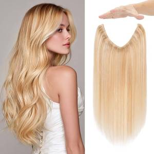 lot 4068 image: Charites Halo Hair Extensions Real Human Hair Invisible Wire Extensions with Transparent Fish Line Adjustable Size Ash Blonde & Bleach Blonde 16 inch