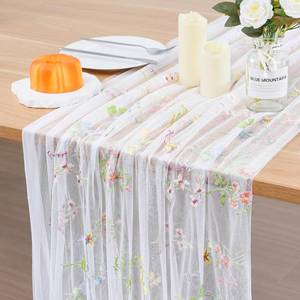 lot 4071 image: BINBE 1pcs Ivory Florals Table Runner Embroidery Gauze 10FT Daisy Seasonal Tulle Birthday Wedding Holiday Kitchen Dining Table Decor for Home Party