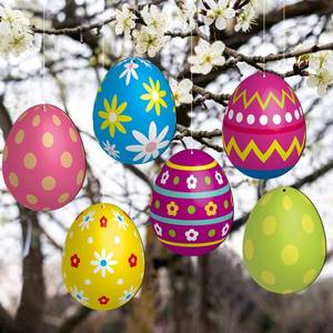 lot 4086 image: 6 Pieces Easter Egg Outdoor Decoration 7.9 Inch Wooden Egg Hanging Ornaments Double Sided Large Colorful Easter Yard Signs for Tree Porch Yard Party Decor