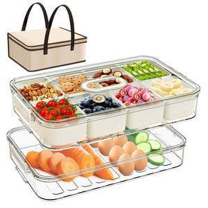 lot 4095 image: Snack Box Containers, Divided Serving Snack Tray with Lid - Double layered Stackable Snackle Platters with Bag, 8 Compartment for Snacks, Candy, Fruits, Nuts, Veggie for Fridge, White Large Organizer.
