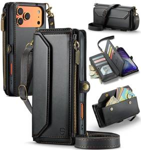 lot 4111 image: Strapurs Wallet Case Compatible with iPhone 17 Pro 6.3 RFID Blocking 9-Card Holder Soft PU Leather Magnetic Snap Shoulder Strap Zipper Pocket Phone Case Fit for iPhone 17 Pro for Women - Black
