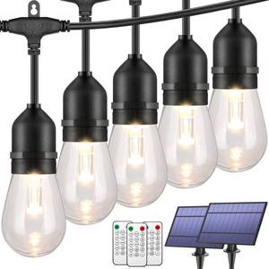 lot 4150 image: Mlambert 2 Pack Each 48FT 3-Color in 1 Solar String Lights Outdoor, Dimmable Patio Lights with Remote, 305 Waterproof LED Bulbs for Cafe Bistro Yard