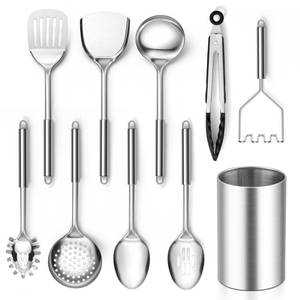 lot 5551 image: E-far Cooking Utensils Set, 10-Piece Stainless Steel Kitchen Utensils with Holder, Metal Heat Resistant Kitchen Cookware Tool Spatula Set for Cooking, Easy Clean & Dishwasher Safe