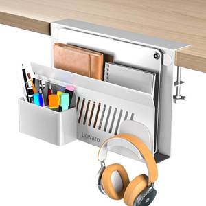 lot 5554 image: Litwaro Desk Side Storage, No Drill Laptop Holder with Magnetic Pen Holder, Under Desk Laptop Mount with Sticky Headphone Holder, Hanging Desks Organizer Fits Flat Edges 0.4 to 2 (White)