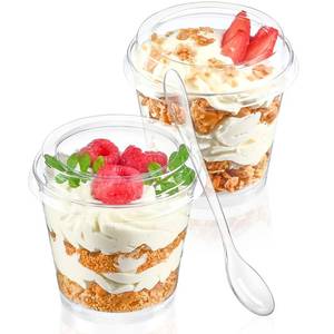 lot 5567 image: TOFLEN 6 oz Mini Dessert Cups with Lids and Spoons 150 Pcs  Serves 50  Small Plastic Cake Cups Round Party Serving Cups for Parfait, Appetizers, Mousse, Dessert Shot Glasses