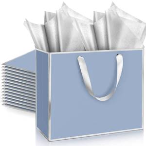 lot 5568 image: ReliThick 12 Pack Metallic Paper Gift Bag with Handles and Tissue Paper 11.8 x 10 x 4 Thank You Favor Bag for Graduation Mothers Day Wedding Bridesmaid Groomsman 5 Senses Gifts (Dusty Blue,Silver)