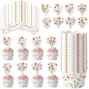 lot 6123 image: Widecook 96 Pcs Summer Wildflower Cupcake Toppers and Wrappers Pink Floral Cupcake Picks and Liners for Birthday, Wedding, Bridal Shower, Baby Shower, Garden Summer Party Decorations
