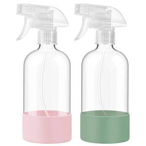 lot 6140 image: JohnBee Glass Spray Bottles with Silicone Sleeve, 2 Pack16 oz Empty Refillable Containers with Adjustable Spray Nozzles, Spray Bottles for Hair, Cleaning Solutions and Plants Olive Green&Pink
