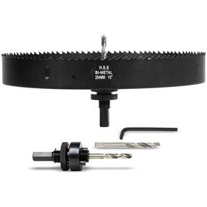 lot 6142 image: VIKITON 10 Inch Hole Saw with Arbor for Wood Metal Plastic, 10 in Bimetal Hole Cutter, Fast Chip Removal, Smooth Flat Drilling Edge, Lightweight & Portable (Black)