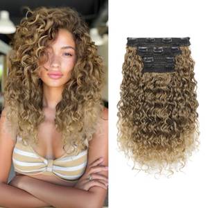 lot 6160 image: Flufymooz 4PC Clip in Hair Extensions, 14 Inch 100�� Pure Protein Silk Short Hairpiece Deep Curly Wavy Hair Extensions Clip in Natural Soft Hairpiece for Women-Dark Blonde to Light Brown