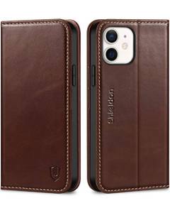 lot 6201 image: SHIELDON Case for iPhone 12 6.1, Genuine Leather Wallet Magnetic Book Protection Cover, Kickstand RFID Blocking Credit Card Holder Compatible with iPhone 1212 Pro - Retro Coffee