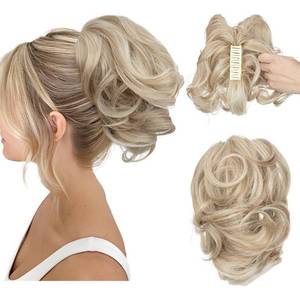 lot 10111 image: CJL HAIR Claw Clip Short Ponytail Hair Extensions DIY Bendable Metals Messy Bun Hair Piece for Wonen Wavy Curly Synthetic Fake Hairpieces Sunny Blonde